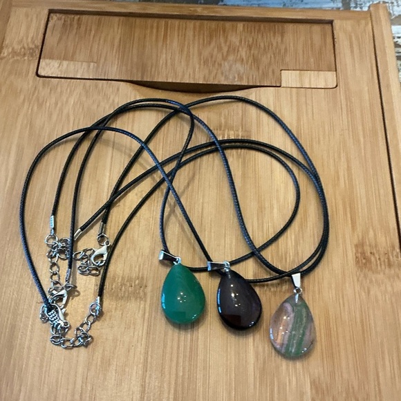 Jewelry - Women’s Teardrop Gemstone Pendant Necklace - Green, Black, Multicolor -